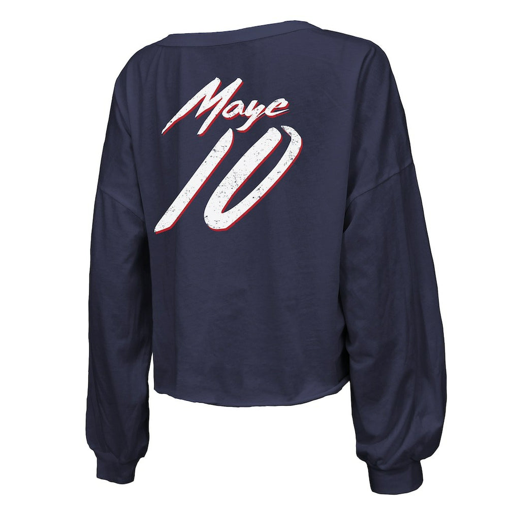 Drake Maye New England Patriots Majestic Threads Women's Off-Shoulder Script Name & Number V-Neck T-Shirt Navy