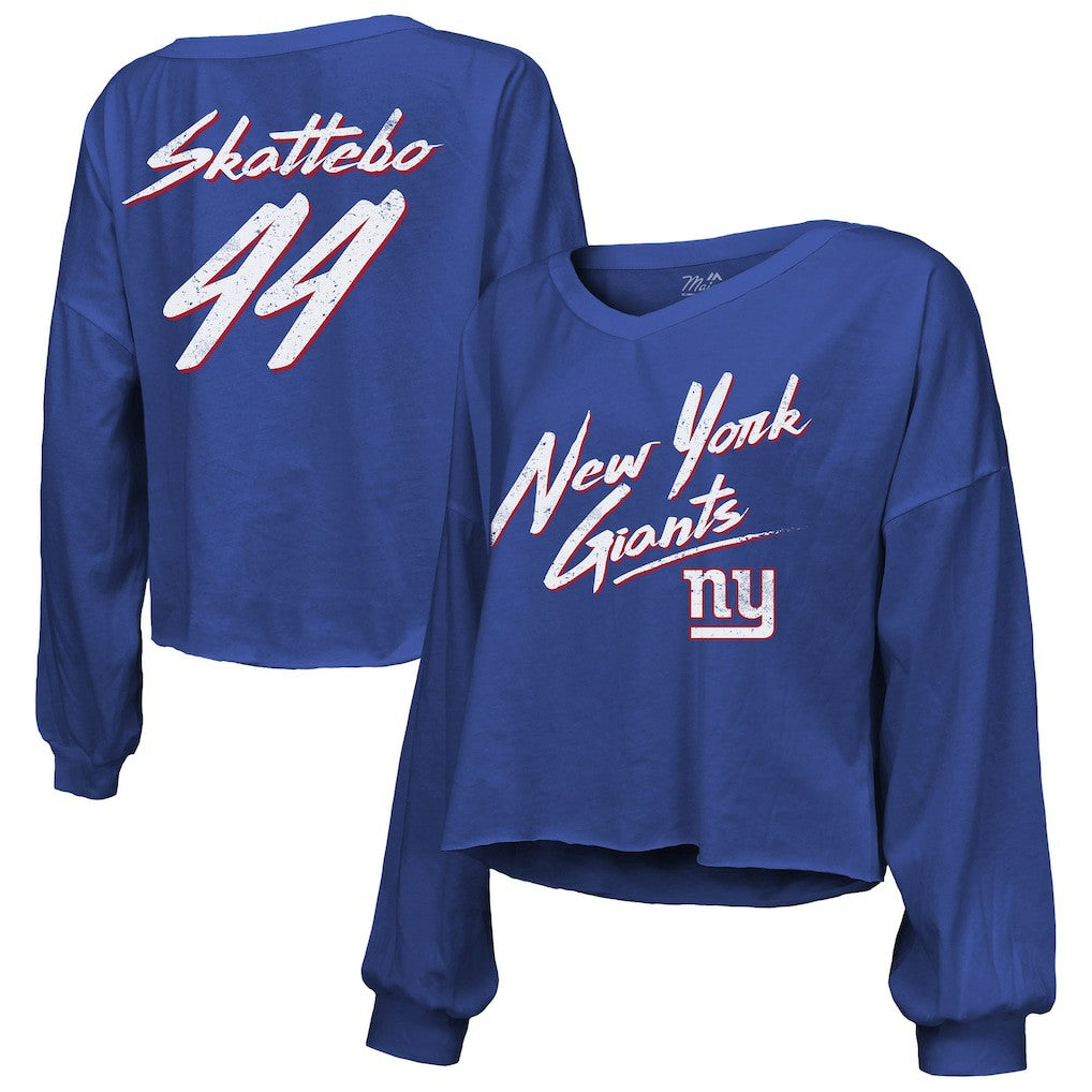 Cam Skattebo New York Giants Majestic Threads Women's Script Name & Number Long Sleeve T-Shirt Royal