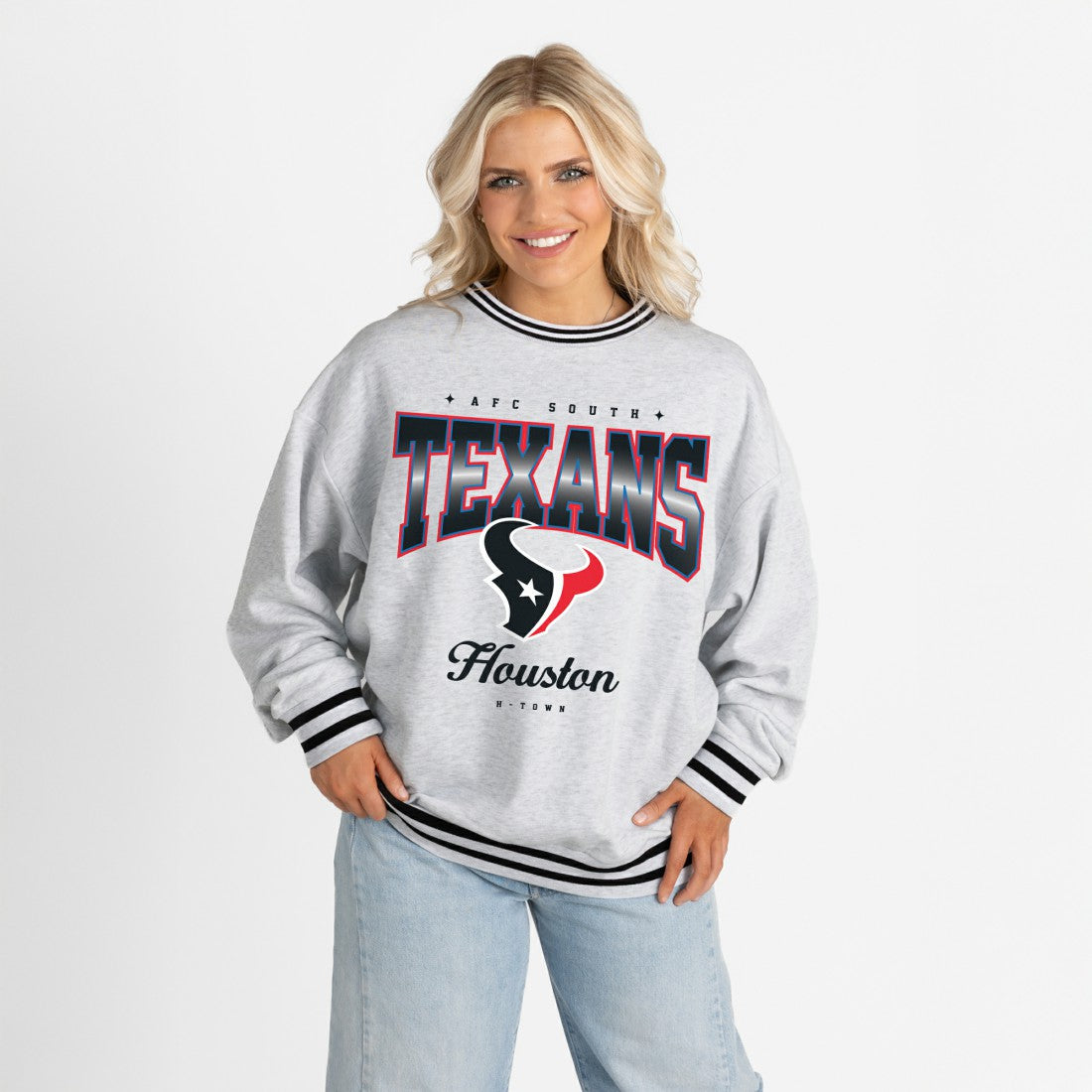 Houston Texans Gameday Couture Women's Oversized Gridiron Drive Ringer Stripe Sweatshirt Ash/Black
