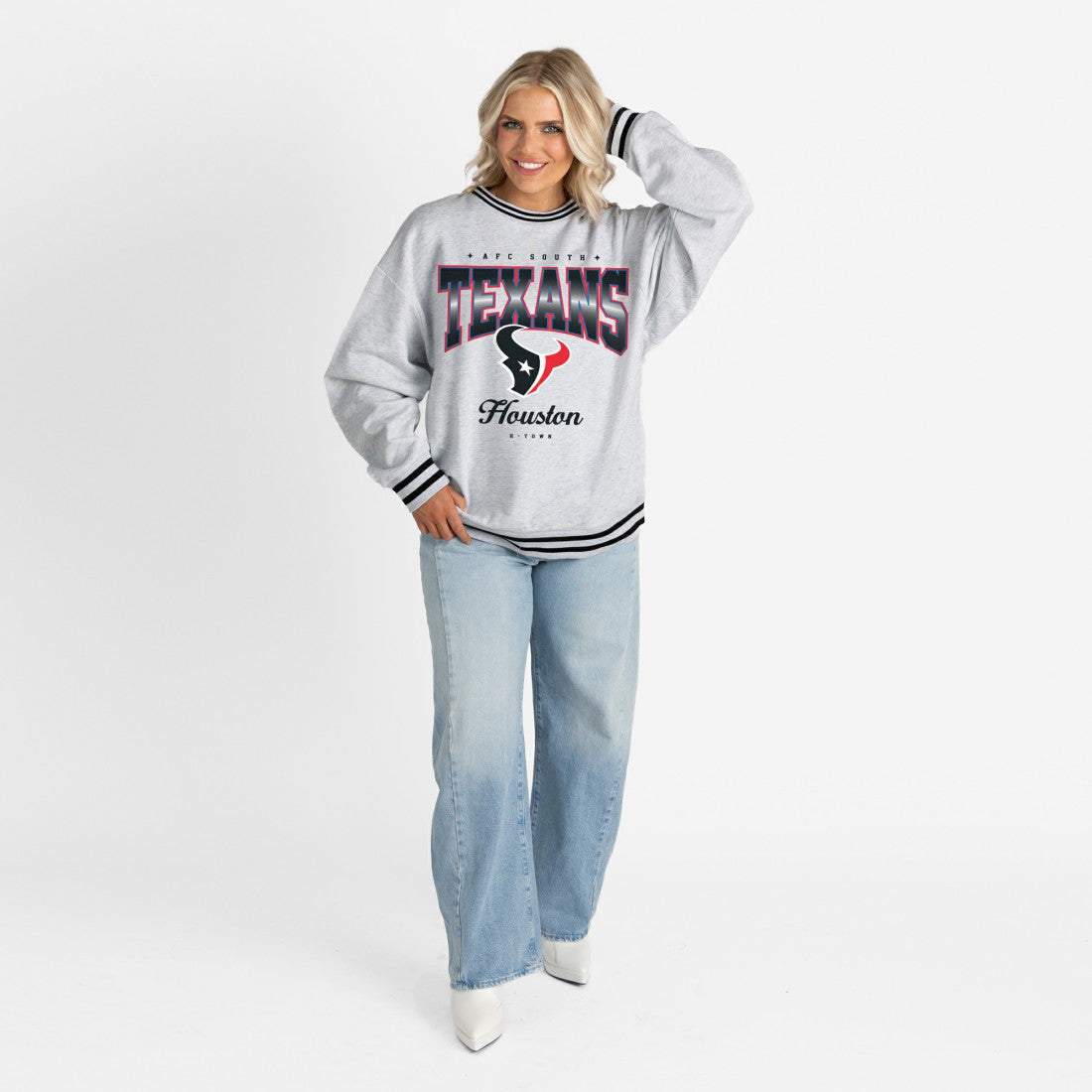 Houston Texans Gameday Couture Women's Oversized Gridiron Drive Ringer Stripe Sweatshirt Ash/Black
