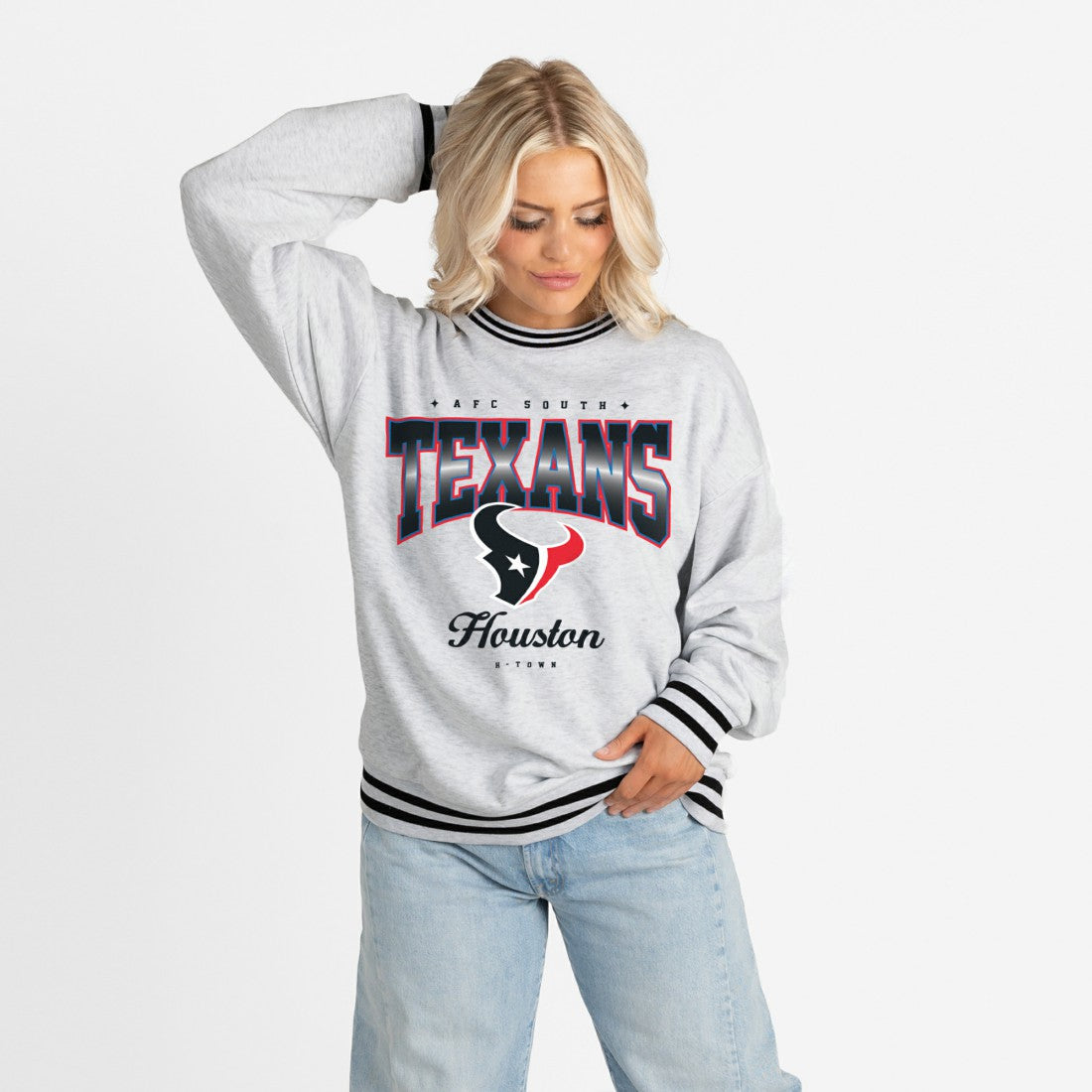 Houston Texans Gameday Couture Women's Oversized Gridiron Drive Ringer Stripe Sweatshirt Ash/Black
