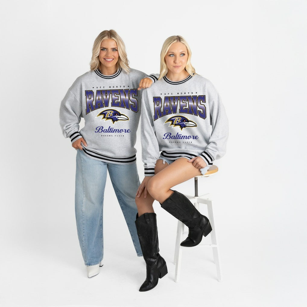 Baltimore Ravens Gameday Couture Women's Oversized Gridiron Drive Ringer Stripe Sweatshirt Ash/Black