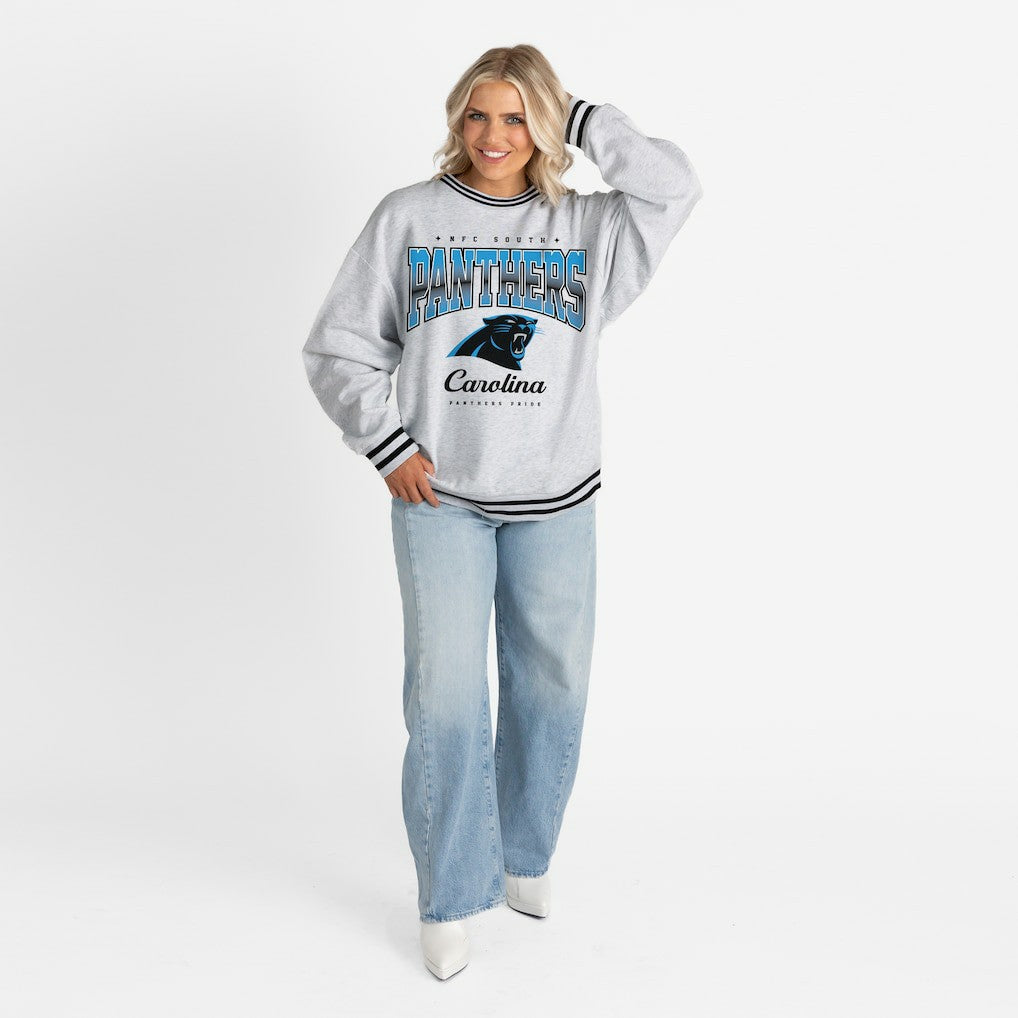 Carolina Panthers Gameday Couture Women's Oversized Gridiron Drive Ringer Stripe Sweatshirt Ash/Black