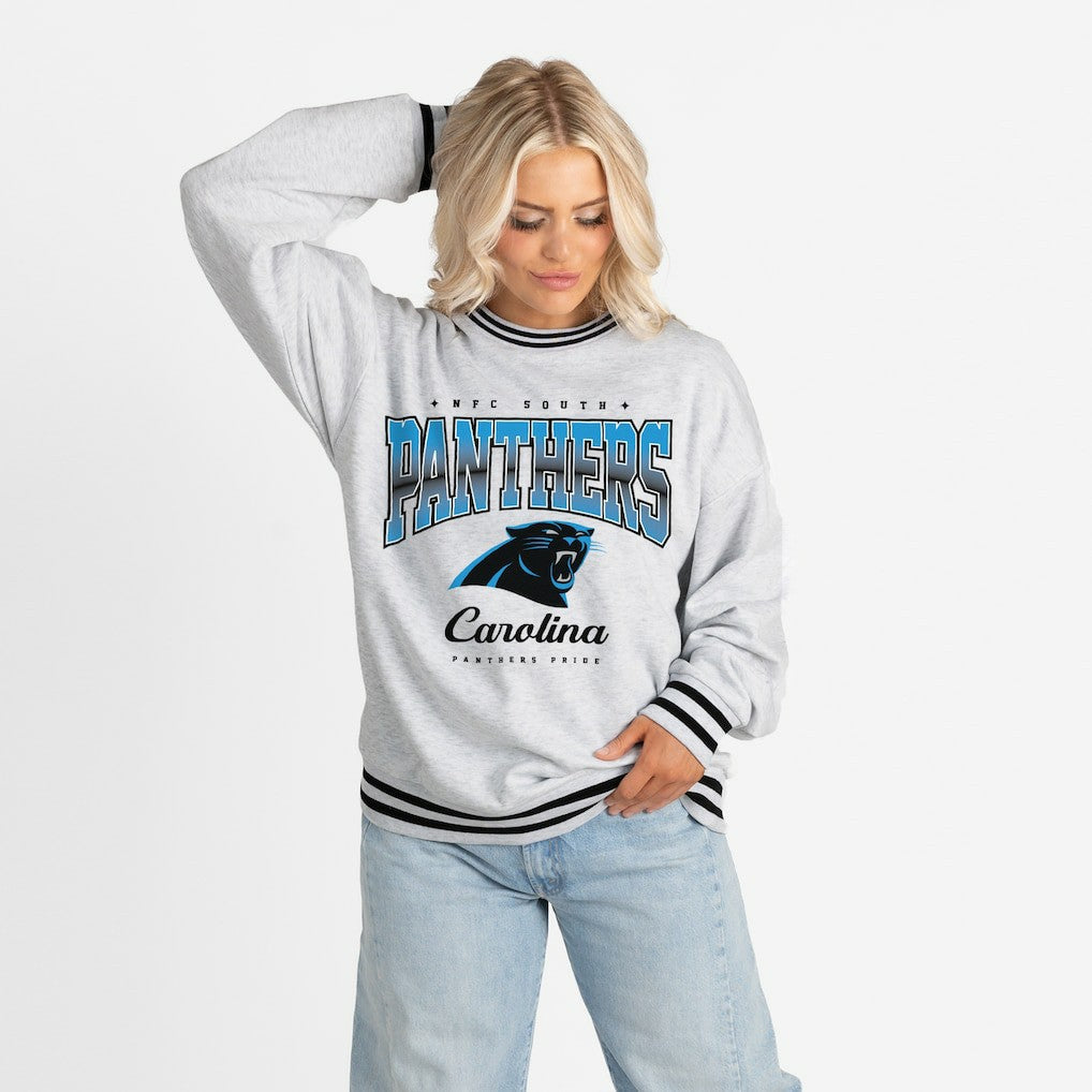Carolina Panthers Gameday Couture Women's Oversized Gridiron Drive Ringer Stripe Sweatshirt Ash/Black