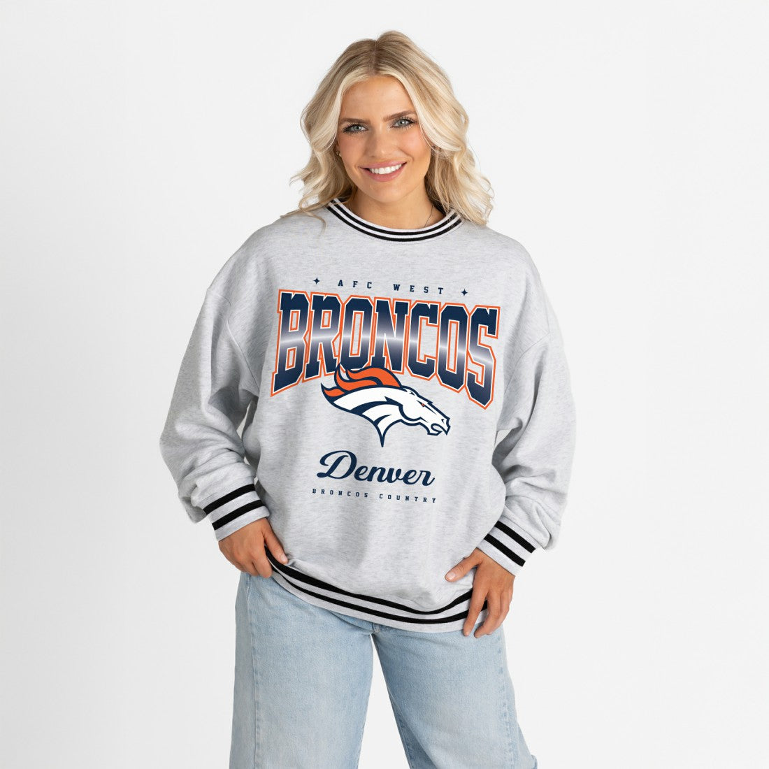 Denver Broncos Gameday Couture Women's Oversized Gridiron Drive Ringer Stripe Sweatshirt Ash/Black