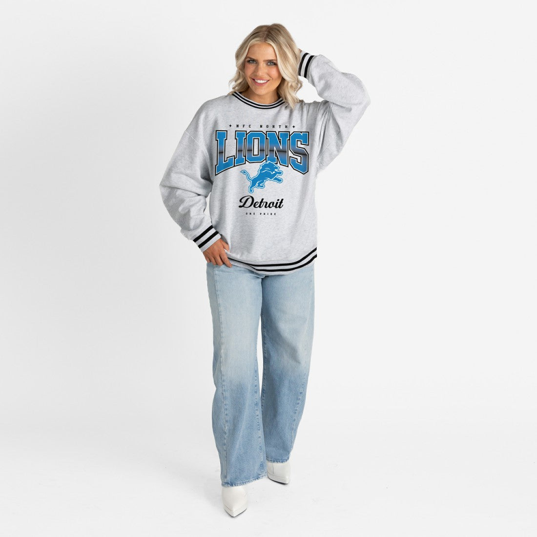 Detroit Lions Gameday Couture Women's Oversized Gridiron Drive Ringer Stripe Sweatshirt Ash/Black