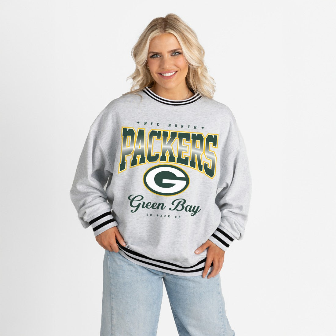 Green Bay Packers Gameday Couture Women's Oversized Gridiron Drive Ringer Stripe Sweatshirt Ash/Black
