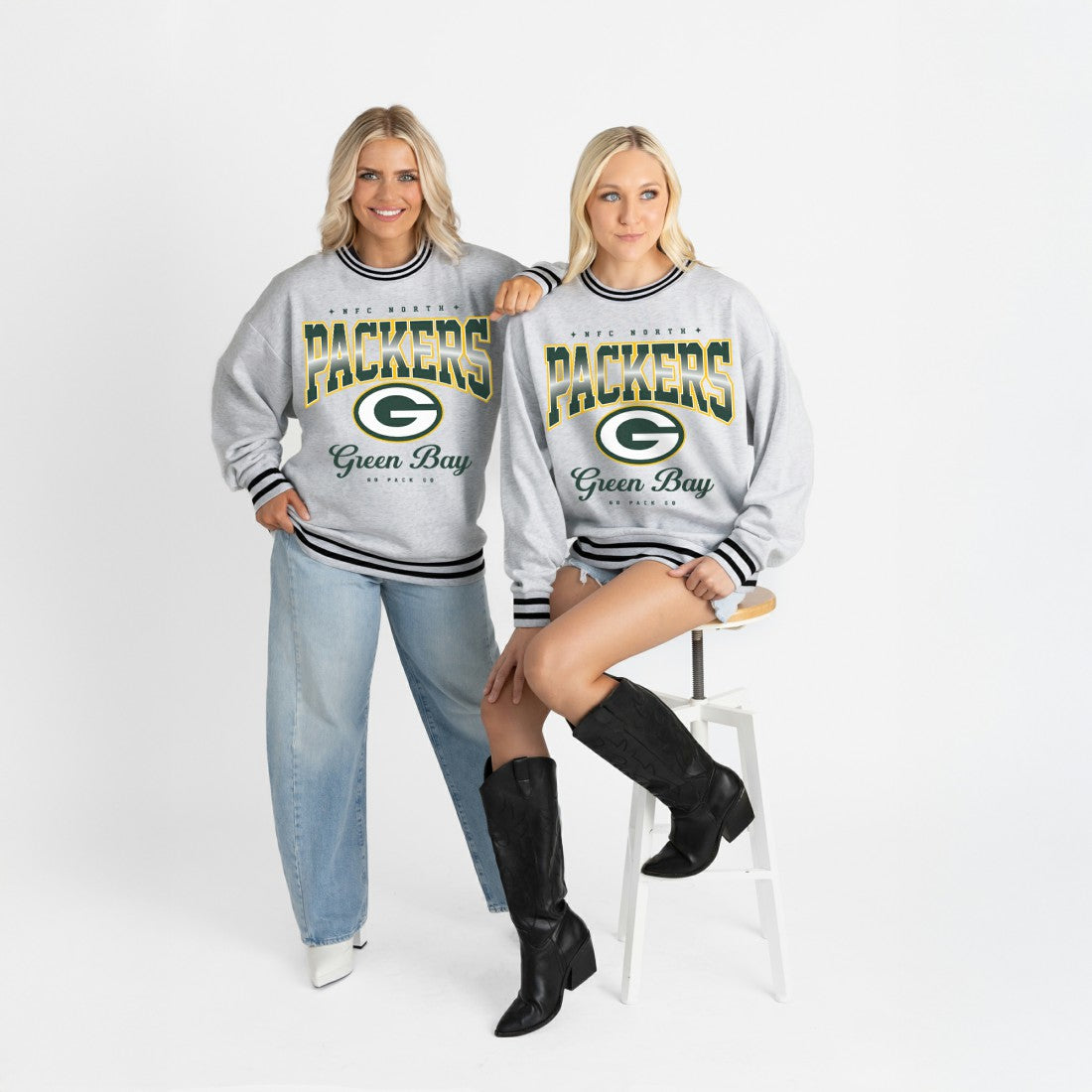 Green Bay Packers Gameday Couture Women's Oversized Gridiron Drive Ringer Stripe Sweatshirt Ash/Black