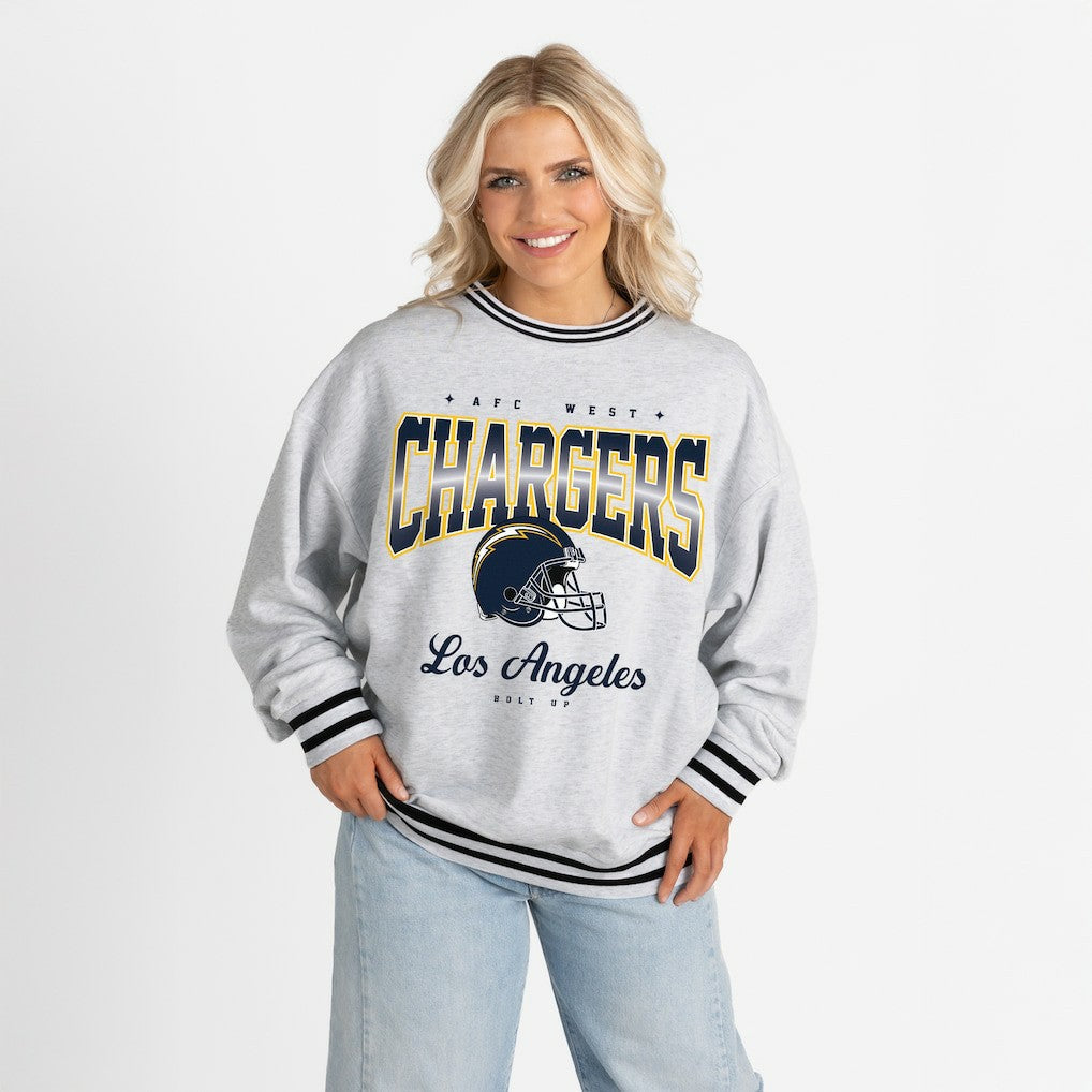 Los Angeles Chargers Gameday Couture Women's Oversized Gridiron Drive Ringer Stripe Sweatshirt Ash/Black