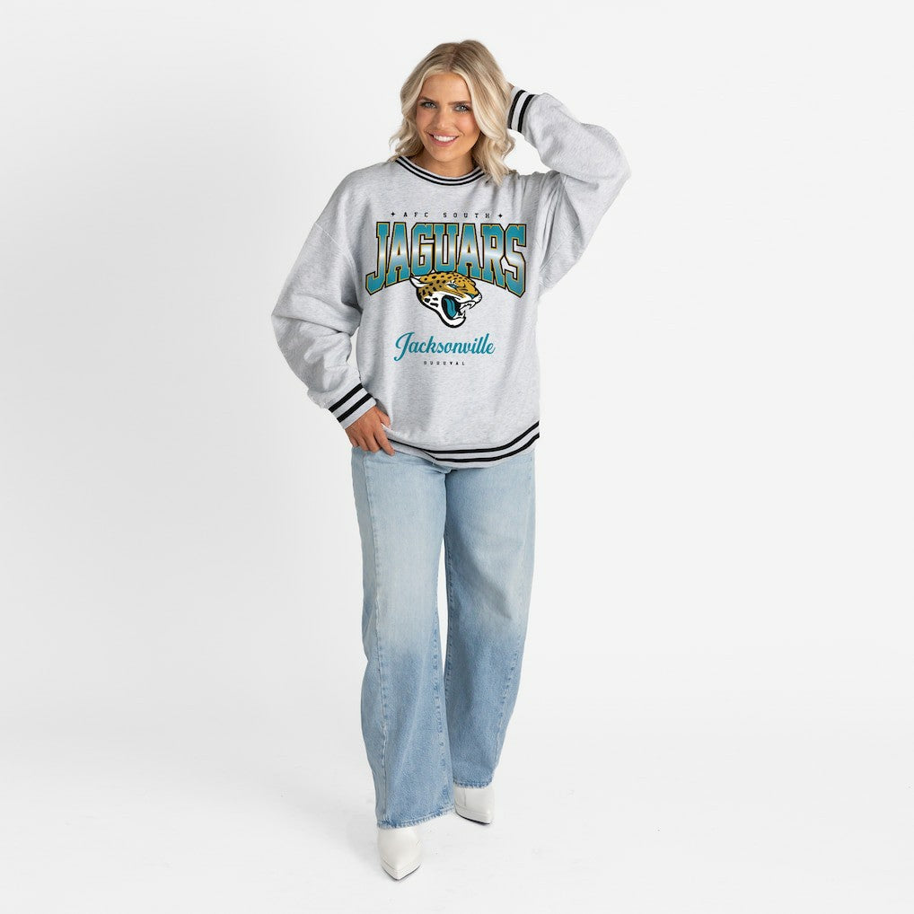 Jacksonville Jaguars Gameday Couture Women's Oversized Gridiron Drive Ringer Stripe Sweatshirt Ash/Black