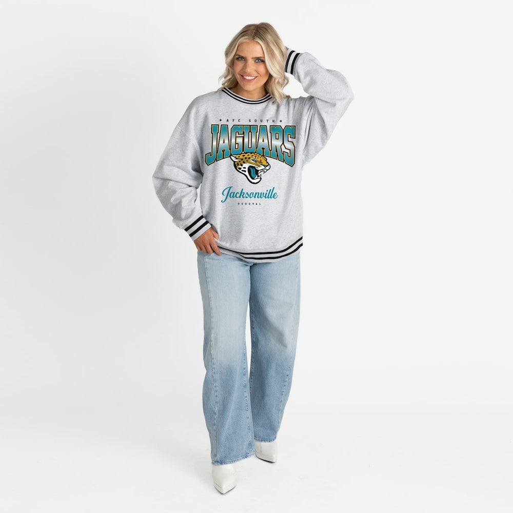 Jacksonville Jaguars Gameday Couture Women's Oversized Gridiron Drive Ringer Stripe Sweatshirt Ash/Black