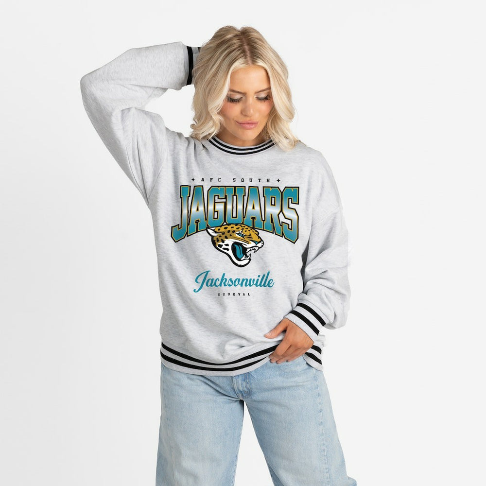 Jacksonville Jaguars Gameday Couture Women's Oversized Gridiron Drive Ringer Stripe Sweatshirt Ash/Black