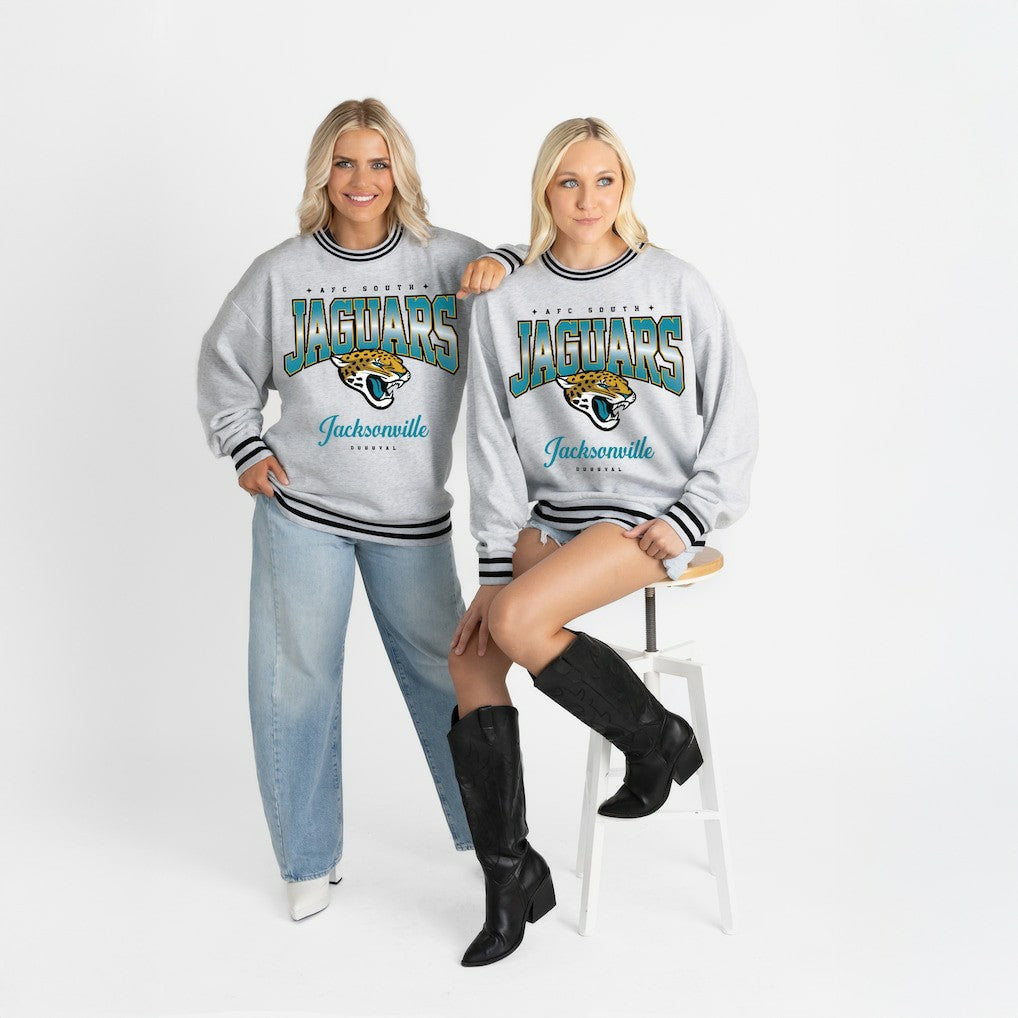 Jacksonville Jaguars Gameday Couture Women's Oversized Gridiron Drive Ringer Stripe Sweatshirt Ash/Black
