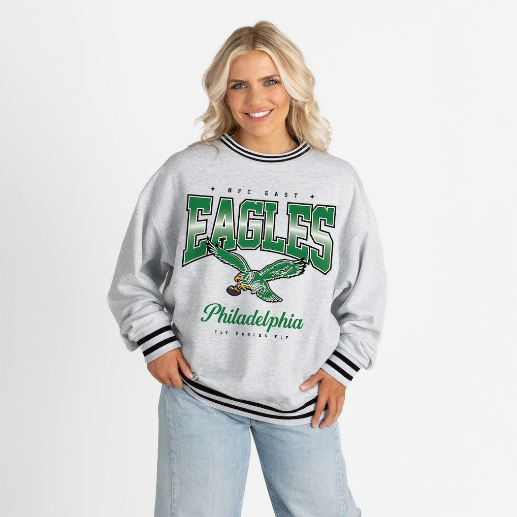 Philadelphia Eagles Gameday Couture Women's Oversized Gridiron Drive Ringer Stripe Sweatshirt Ash/Black