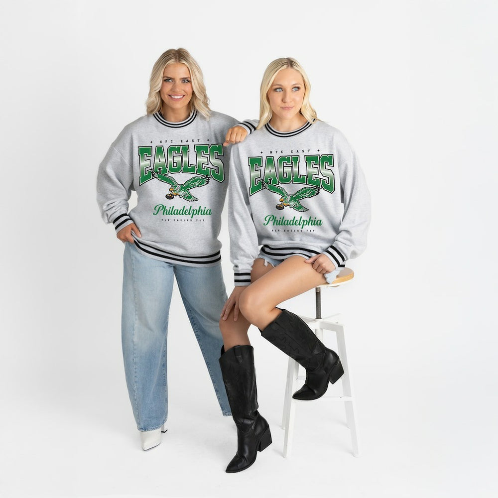 Philadelphia Eagles Gameday Couture Women's Oversized Gridiron Drive Ringer Stripe Sweatshirt Ash/Black