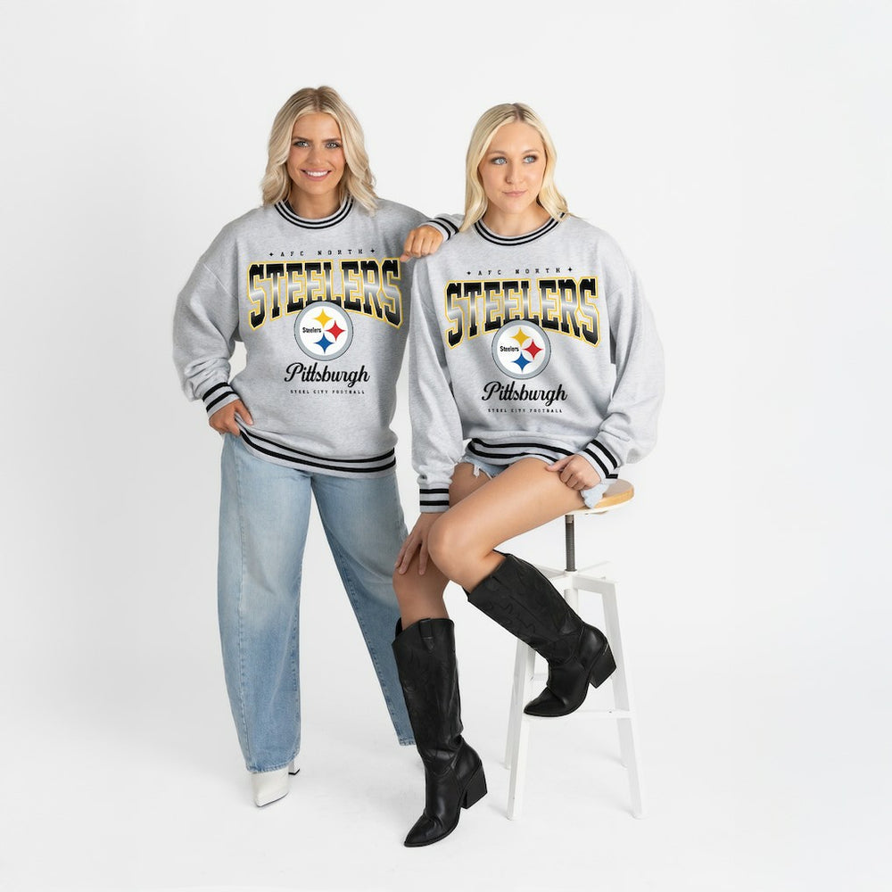 Pittsburgh Steelers Gameday Couture Women's Oversized Gridiron Drive Ringer Stripe Sweatshirt Ash/Black