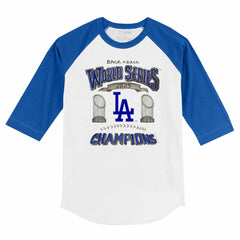 Los Angeles Dodgers Tiny Turnip Youth 2025 World Series Champions 3/4-Sleeve Raglan Baseball T-Shirt - White/Royal - MLB Discount