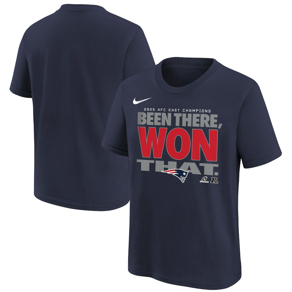 Nike New England Patriots Youth 2025 AFC East Division Champions Locker Room Trophy Collection T-Shirt Navy