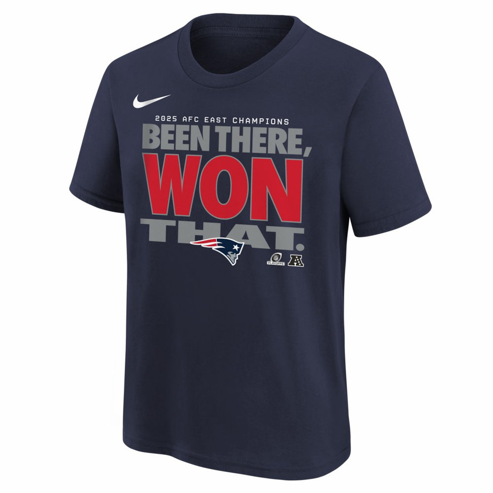 Nike New England Patriots Youth 2025 AFC East Division Champions Locker Room Trophy Collection T-Shirt Navy