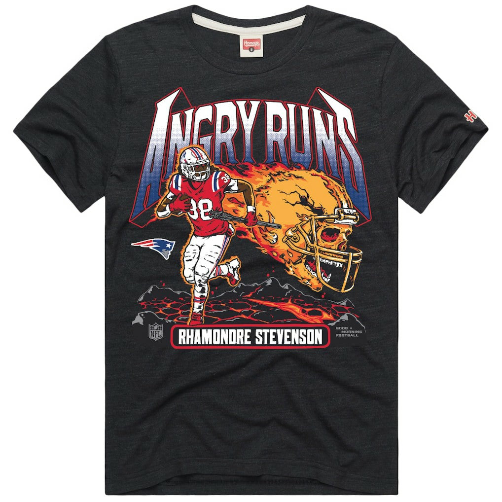 Rhamondre Stevenson New England Patriots Homage Unisex Angry Runs Player Graphic Tri-Blend T-Shirt Charcoal
