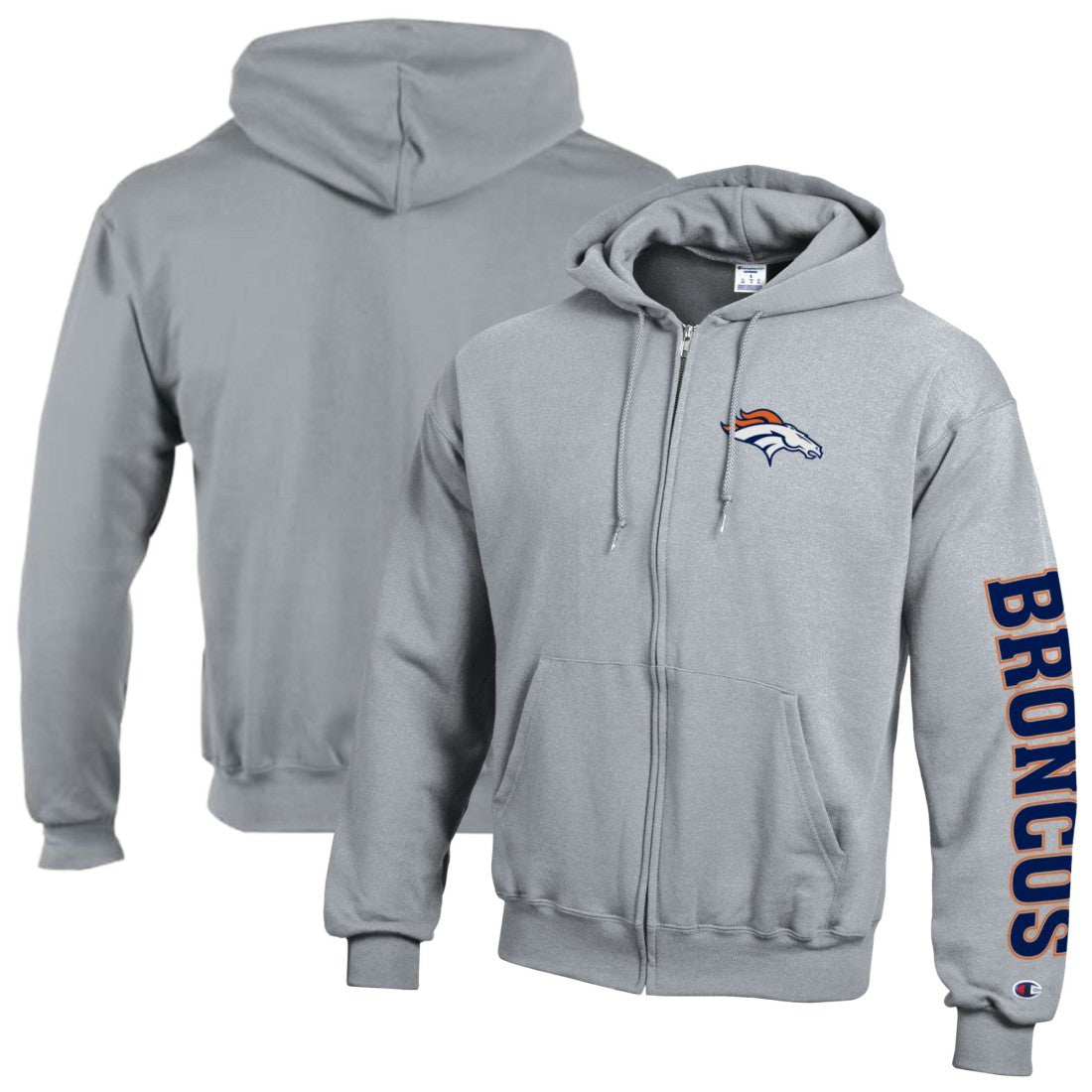 Denver Broncos Champion Powerblend Fleece Full-Zip Hoodie Heather Gray