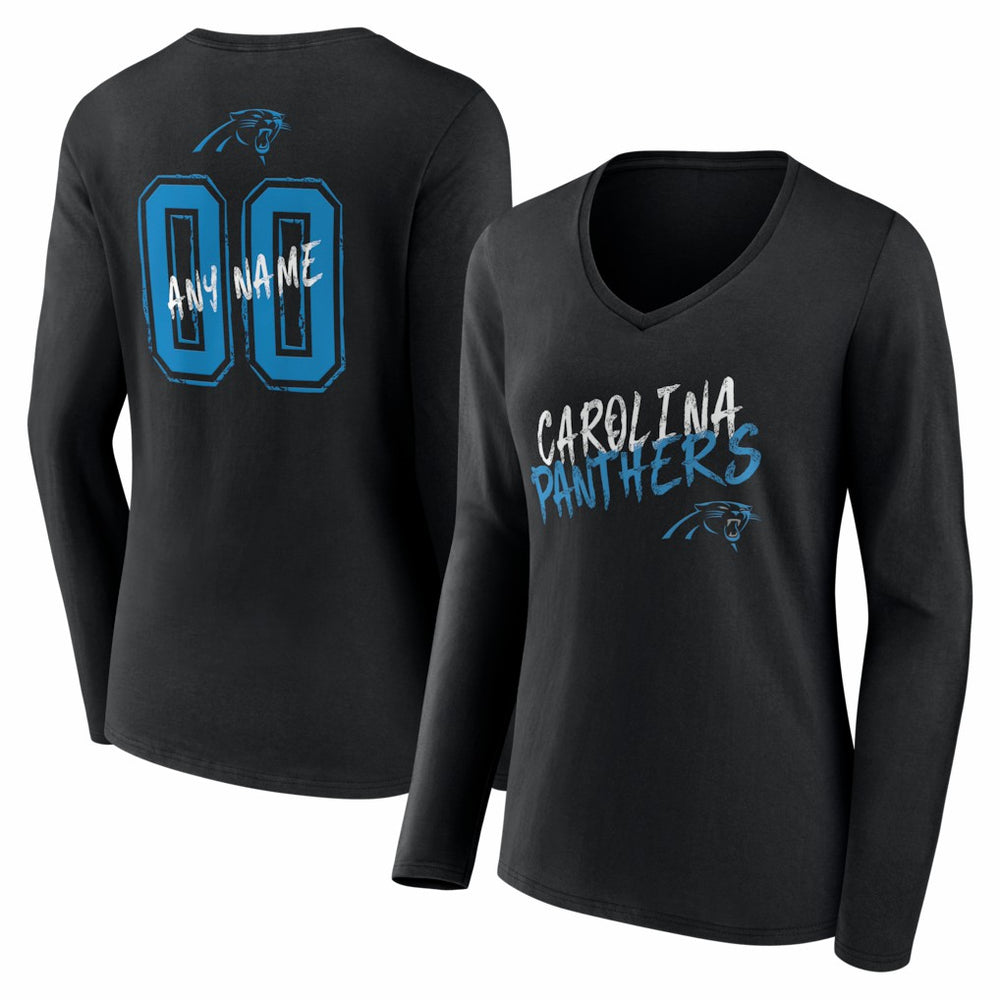 Carolina Panthers Women's Hustle Personalized Name & Number Long Sleeve V-Neck T-Shirt Black