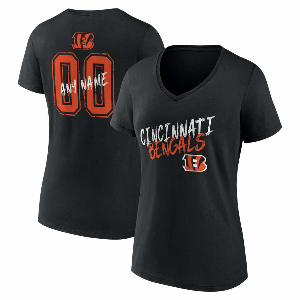 Cincinnati Bengals Women's Hustle Personalized Name & Number V-Neck T-Shirt Black