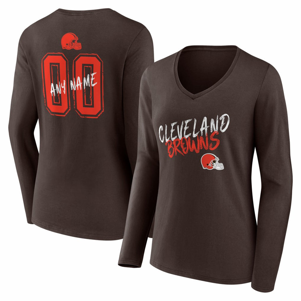 Cleveland Browns Women's Hustle Personalized Name & Number Long Sleeve V-Neck T-Shirt Brown