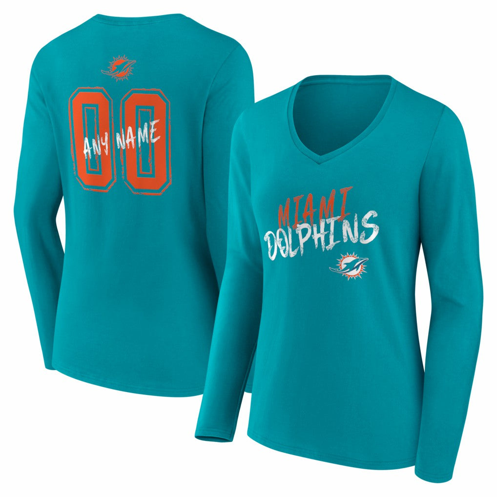 Miami Dolphins Women's Hustle Personalized Name & Number Long Sleeve V-Neck T-Shirt Aqua
