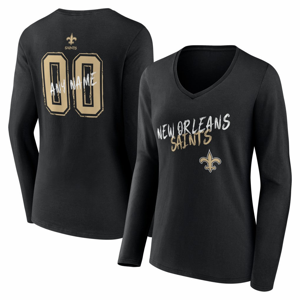 New Orleans Saints Women's Hustle Personalized Name & Number Long Sleeve V-Neck T-Shirt Black