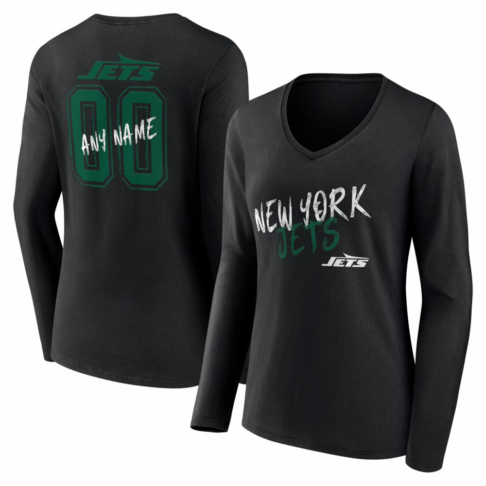 New York Jets Women's Hustle Personalized Name & Number Long Sleeve V-Neck T-Shirt Black