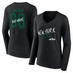 New York Jets Women's Hustle Personalized Name & Number Long Sleeve V-Neck T-Shirt Black