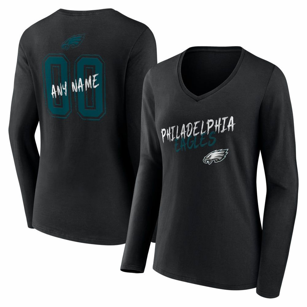 Philadelphia Eagles Women's Hustle Personalized Name & Number Long Sleeve V-Neck T-Shirt Black