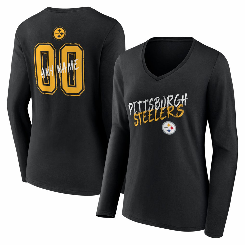 Pittsburgh Steelers Women's Hustle Personalized Name & Number Long Sleeve V-Neck T-Shirt Black