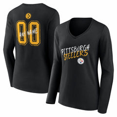 Pittsburgh Steelers Women's Hustle Personalized Name & Number Long Sleeve V-Neck T-Shirt Black