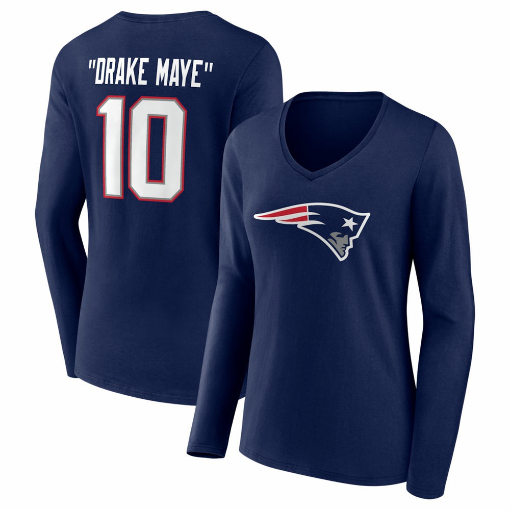 Drake Maye New England Patriots Women's Nickname V-Neck Long Sleeve T-Shirt Navy