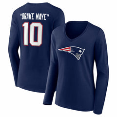 Drake Maye New England Patriots Women's Nickname V-Neck Long Sleeve T-Shirt Navy