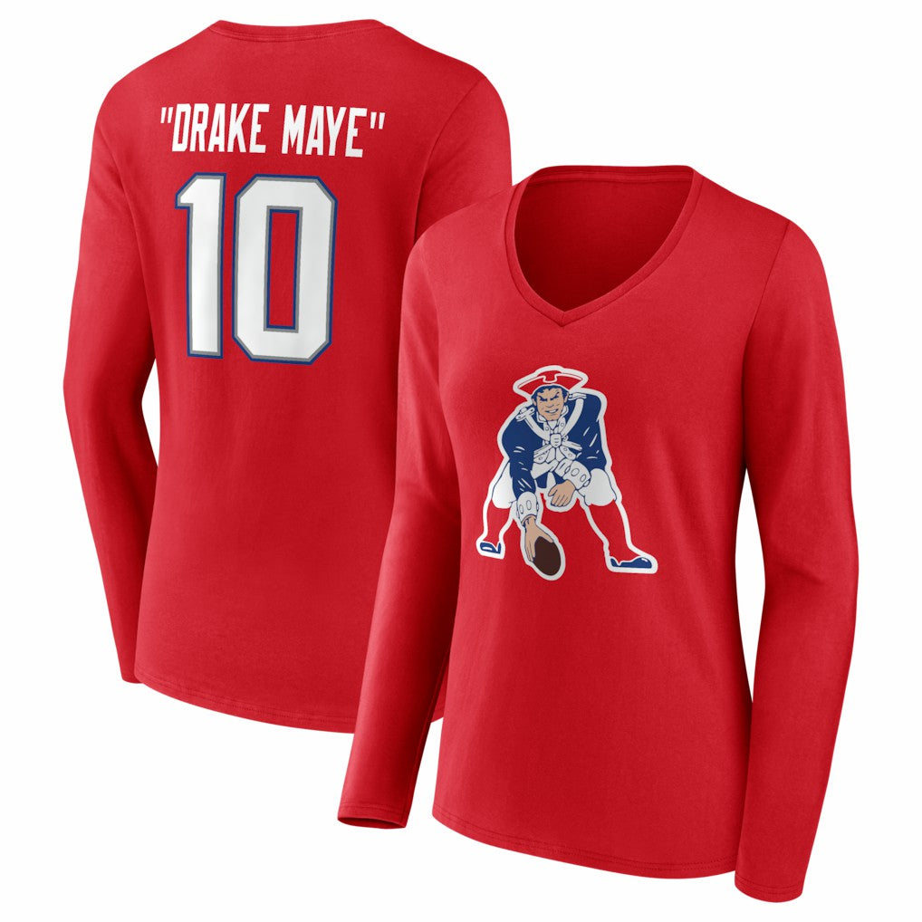 Drake Maye New England Patriots Women's Nickname V-Neck Long Sleeve T-Shirt Red