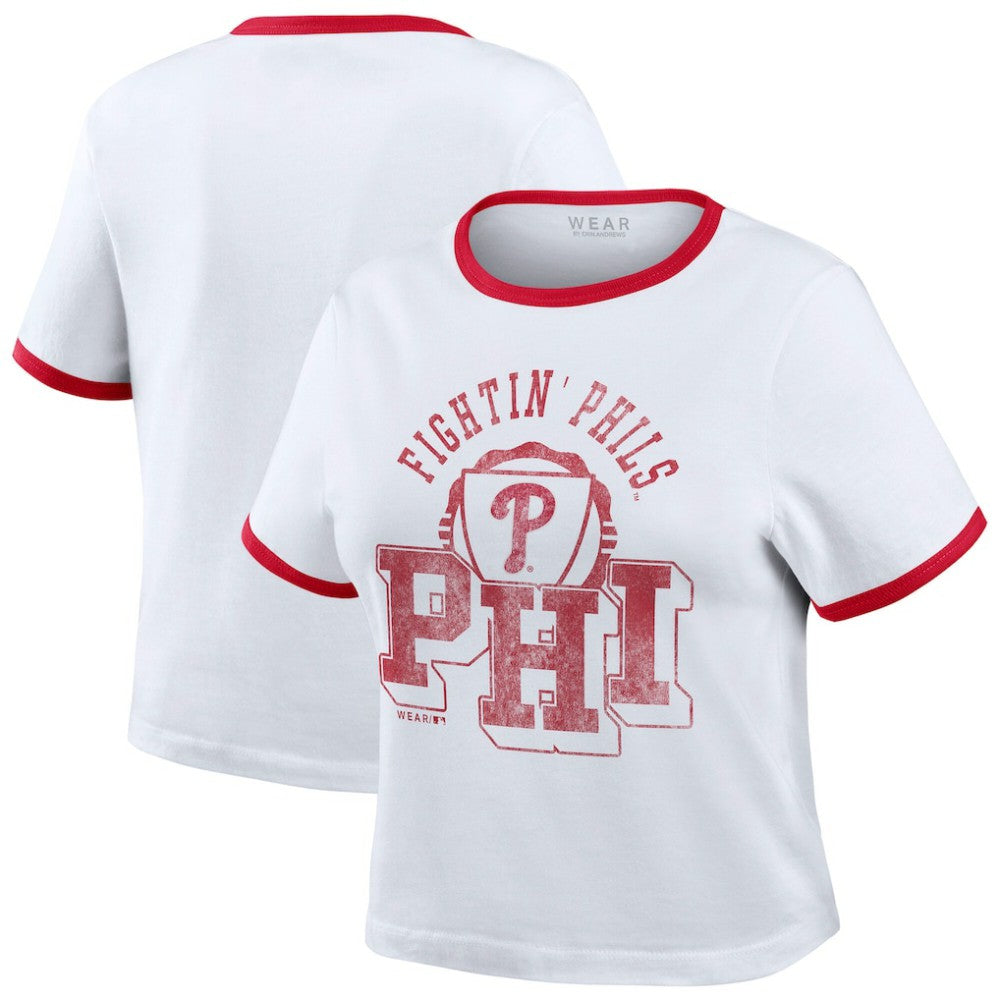 Philadelphia Phillies WEAR by Erin Andrews Women's Ringer Baby T-Shirt - White - MLB Sale