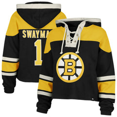 Jeremy Swayman Boston Bruins '47 Women's Superior Lacer Cropped Pullover Hoodie - Black - NHL 203730591