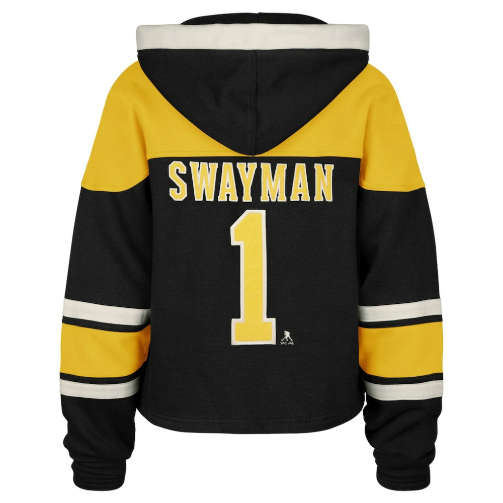 Jeremy Swayman Boston Bruins '47 Women's Superior Lacer Cropped Pullover Hoodie - Black - NHL 203730591