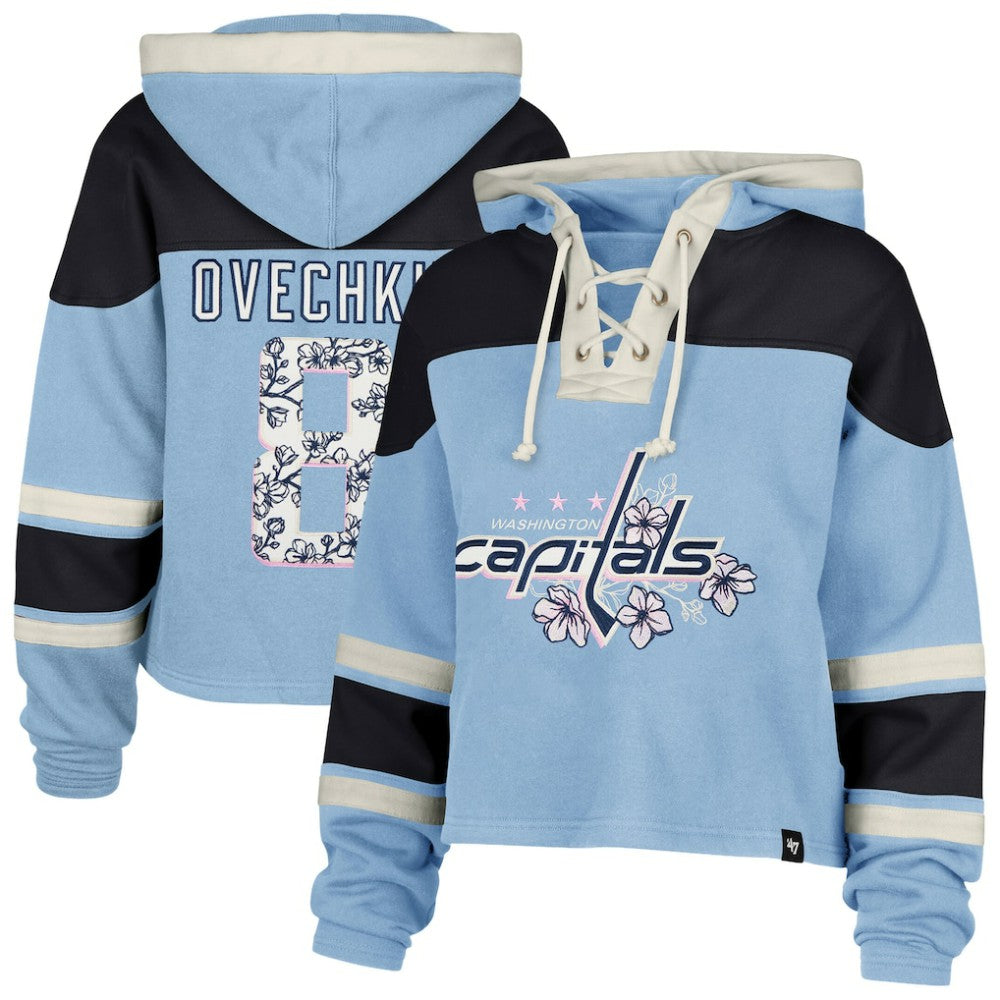 Alexander Ovechkin Washington Capitals '47 Women's Cherry Blossom Superior Lacer Cropped Pullover Hoodie - Light Blue - NHL 203730592