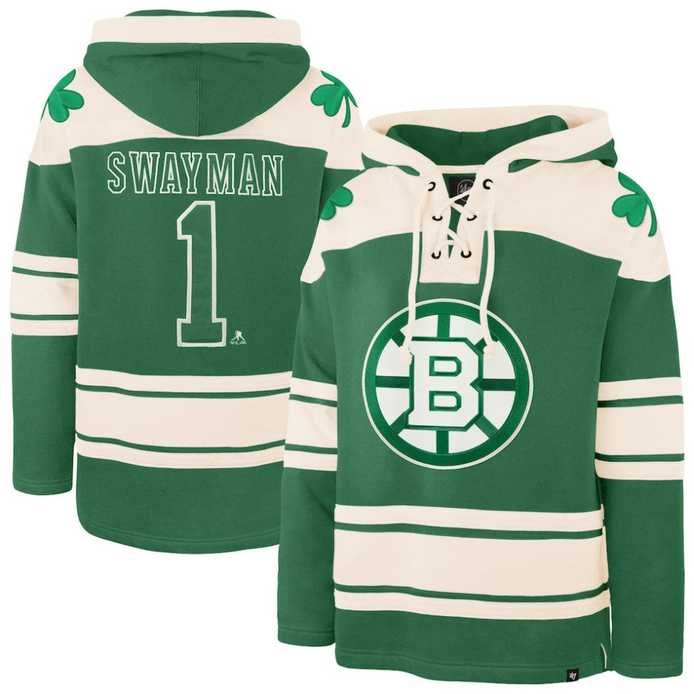 Jeremy Swayman Boston Bruins '47 St. Patrick's Day Player Name & Number Lacer Pullover Hoodie - Kelly Green - NHL 203730593