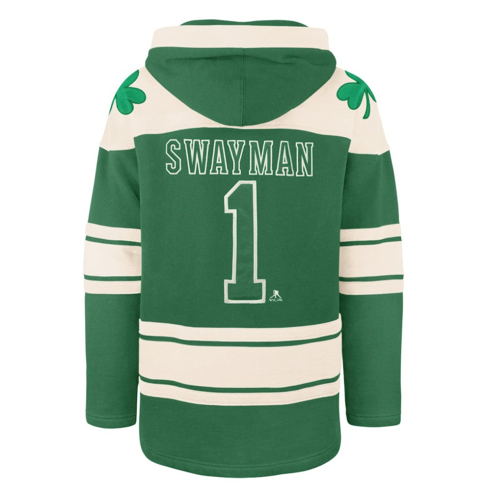 Jeremy Swayman Boston Bruins '47 St. Patrick's Day Player Name & Number Lacer Pullover Hoodie - Kelly Green - NHL 203730593