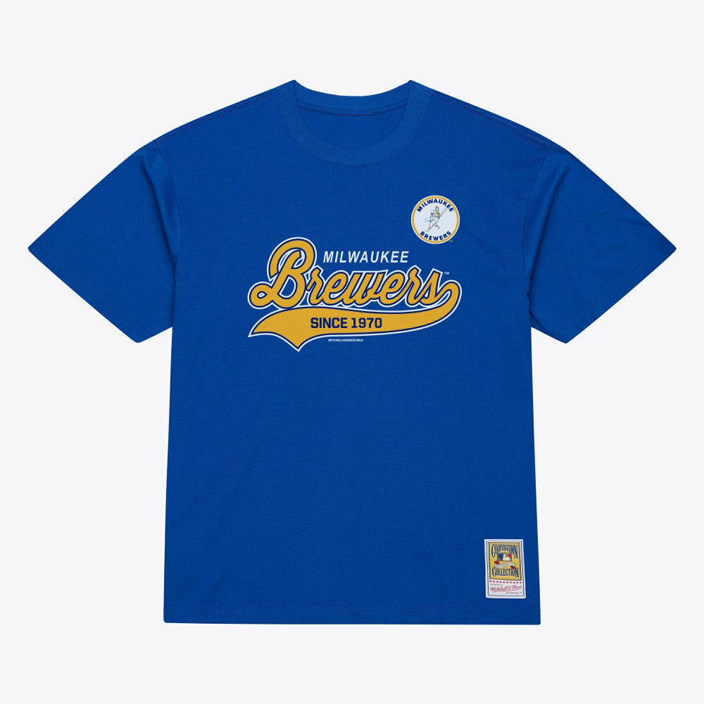 Milwaukee Brewers Mitchell & Ness Script Sweep Arch T-Shirt - Royal - Mitchell & Ness Discount