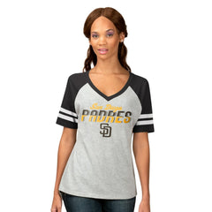 San Diego Padres G-III 4Her by Carl Banks Women's Goal Line Raglan V-Neck T-Shirt - Heather Gray - MLB Lifestyle