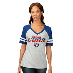 Chicago Cubs G-III 4Her by Carl Banks Women's Goal Line Raglan V-Neck T-Shirt - Heather Gray - MLB Lifestyle