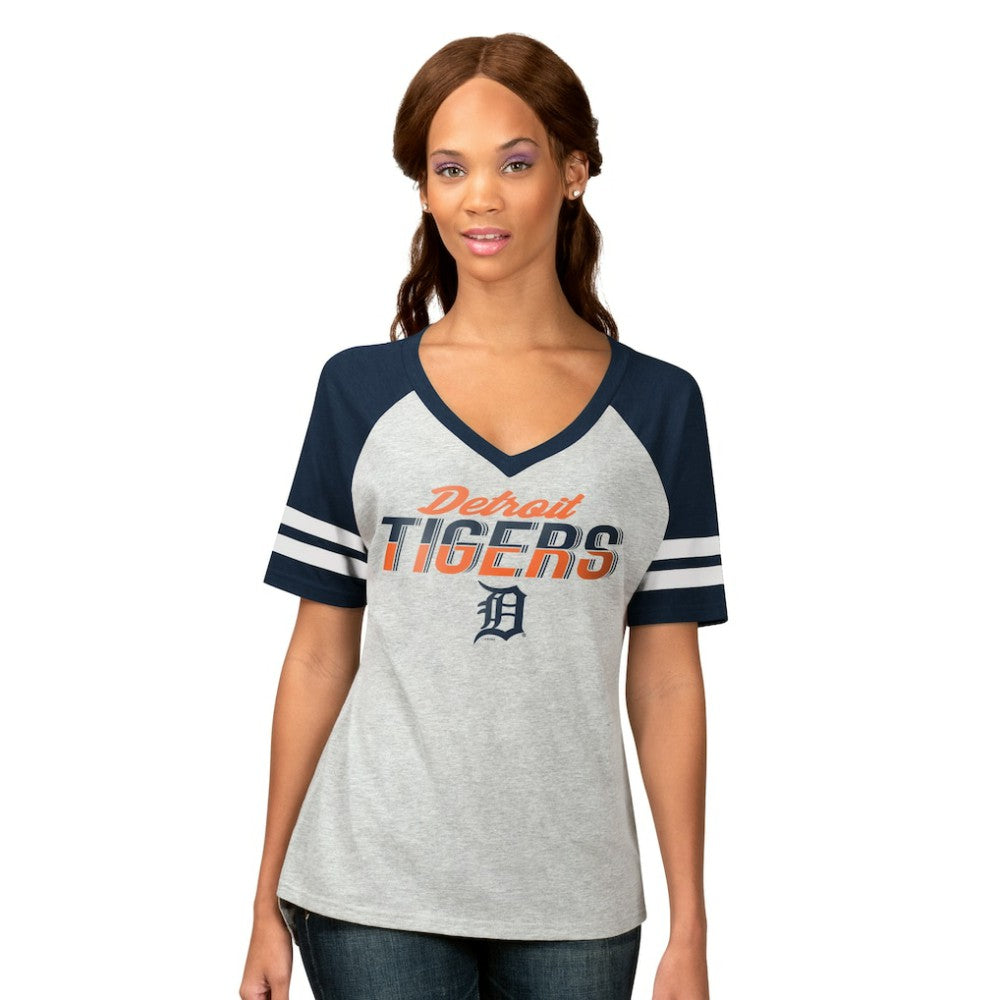 Detroit Tigers G-III 4Her by Carl Banks Women's Goal Line Raglan V-Neck T-Shirt - Heather Gray - MLB on Sale