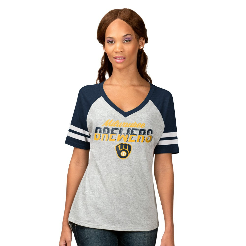Milwaukee Brewers G-III 4Her by Carl Banks Women's Goal Line Raglan V-Neck T-Shirt - Heather Gray - MLB Lifestyle