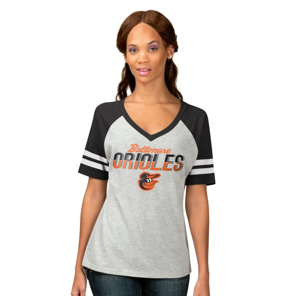Baltimore Orioles G-III 4Her by Carl Banks Women's Goal Line Raglan V-Neck T-Shirt - Heather Gray - MLB Sale